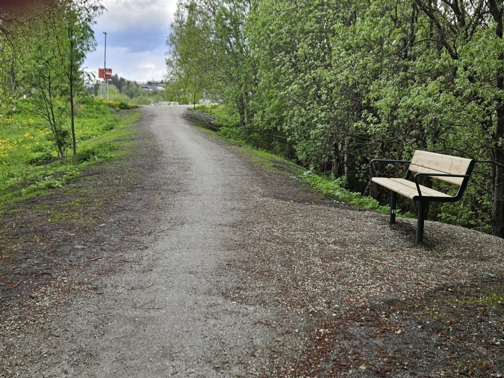 Bilde av ny benk plassert langs snarveien fra Nordre Huseby til Kongsvegen.